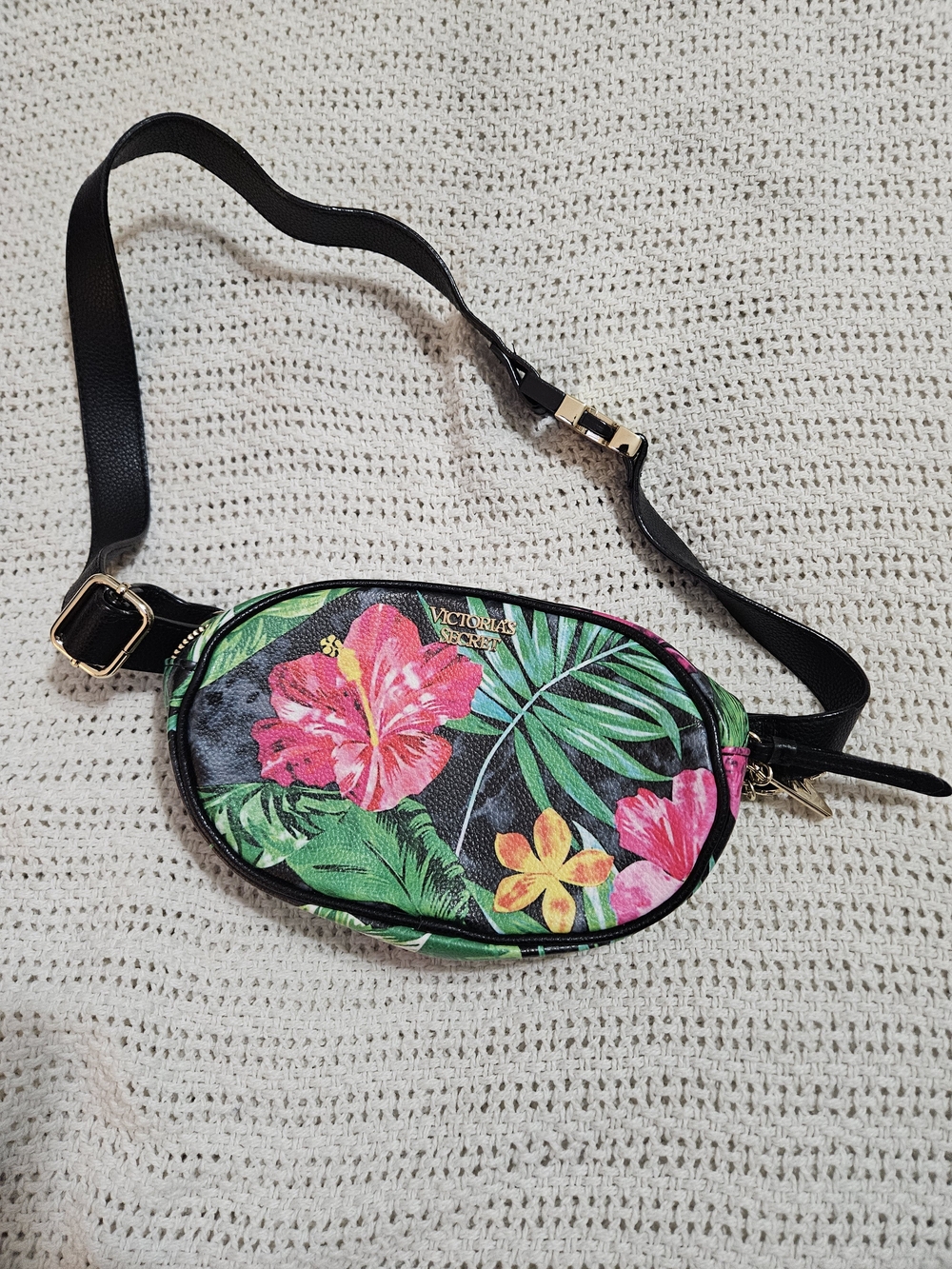 Victoria's Secret Black Tropical Floral Crossbody Belt Bag